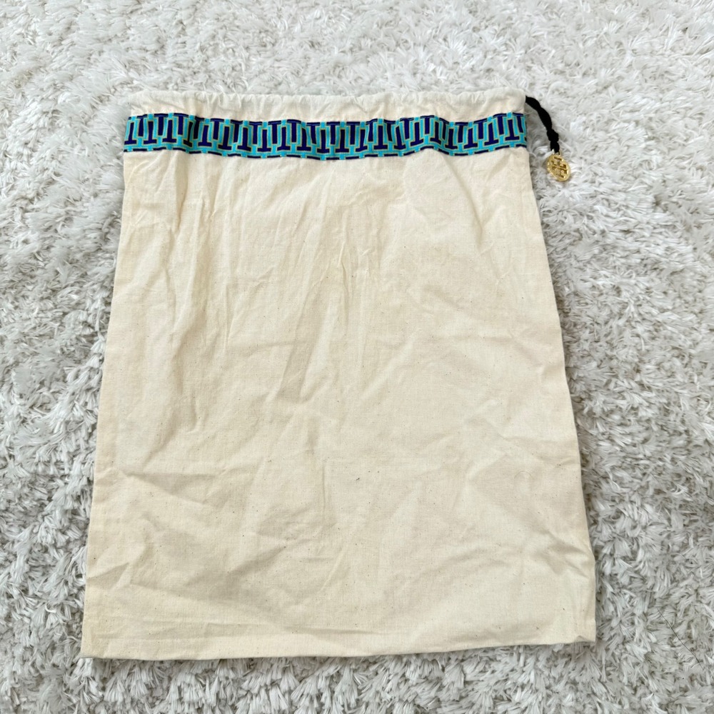 Tory Burch Dust Bag Drawstring Logo Charm Travel Storage Beige Blue 14x12 - Picture 5 of 6